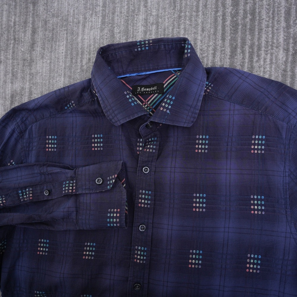 J. Campbell Los Angeles Mens Navy Blue Plaid Geometric Button Down Shirt Large